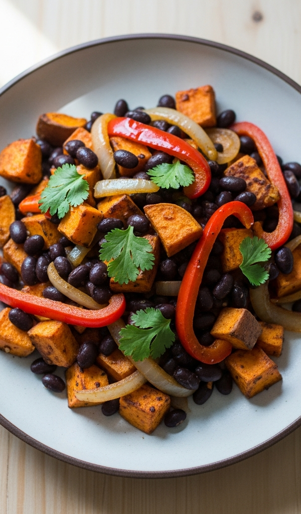 A skillet of black beans and sweet potato