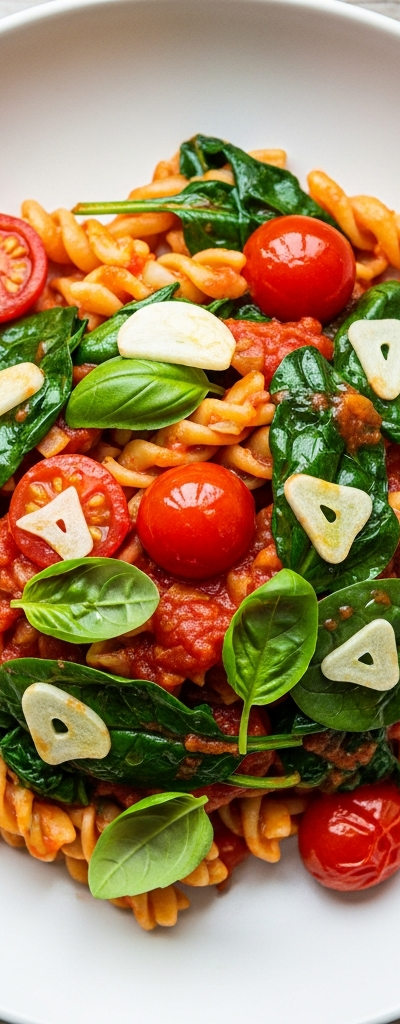 Vegan Pasta with Garlicky Tomato and Spinach