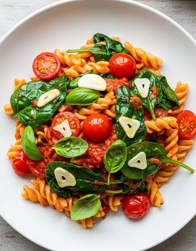 Vegan Pasta with Garlicky Tomato and Spinach