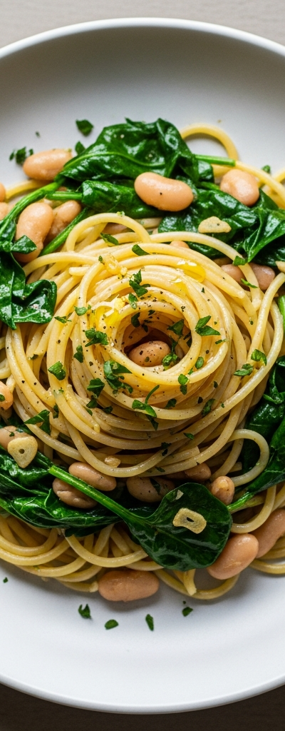 Vegan Spaghetti with Garlic Spinach & White Beans