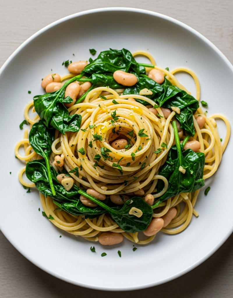 Vegan Spaghetti with Garlic Spinach & White Beans