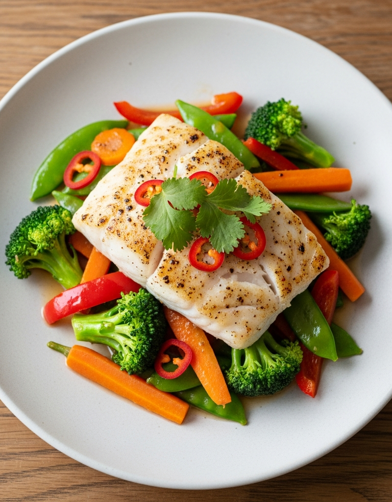 Spicy Cod with Vegetable Stir-Fry