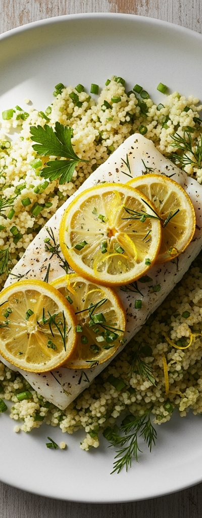 Lemon Herb Baked Cod with Herbed Couscous