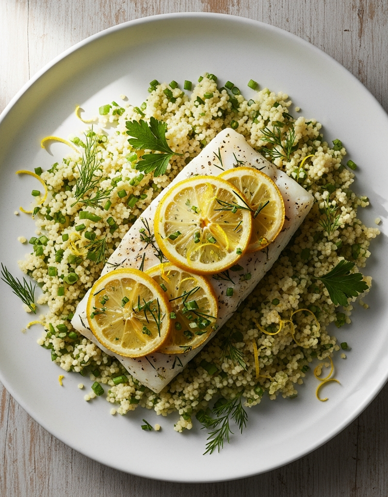 Lemon Herb Baked Cod with Herbed Couscous