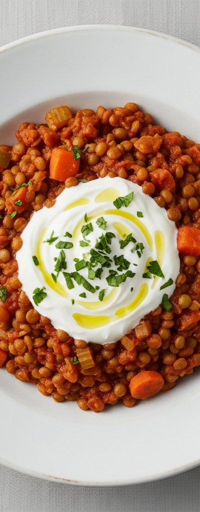 Hearty Lentil and Vegetable Stew with Yogurt Topping