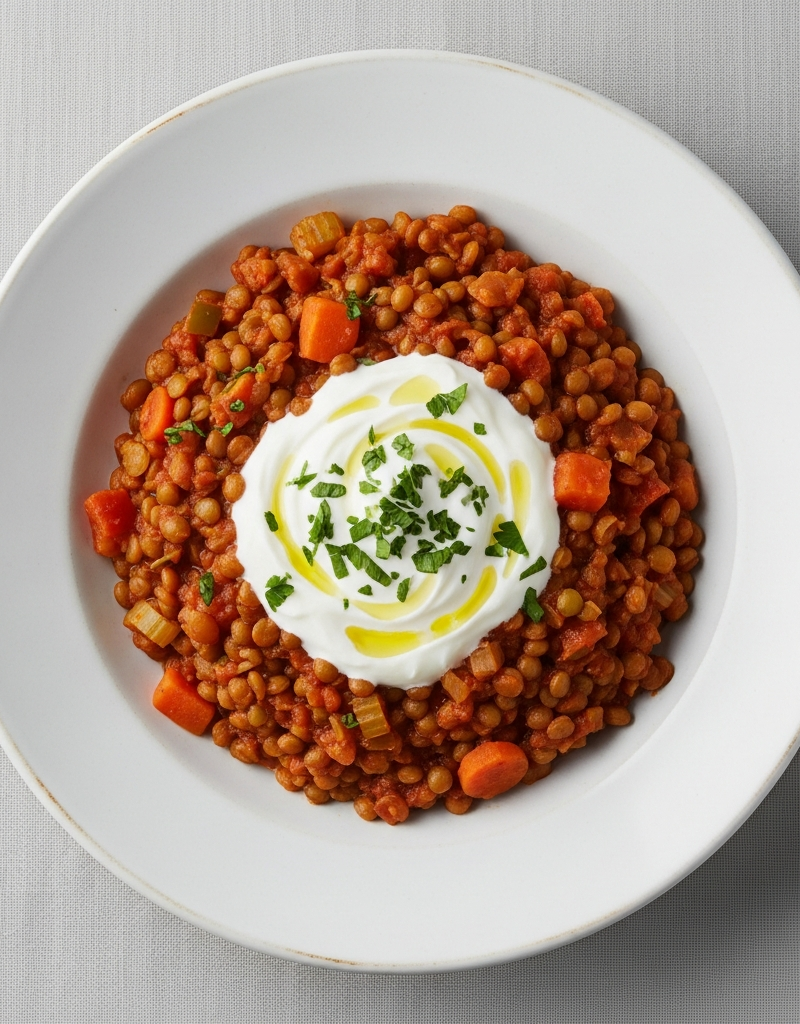 Hearty Lentil and Vegetable Stew with Yogurt Topping