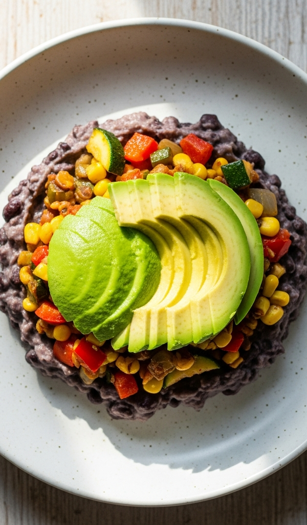 A plate of black beans and vegetables with avocado