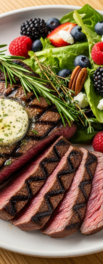 Grilled Ribeye with Herb Butter and Berry Salad