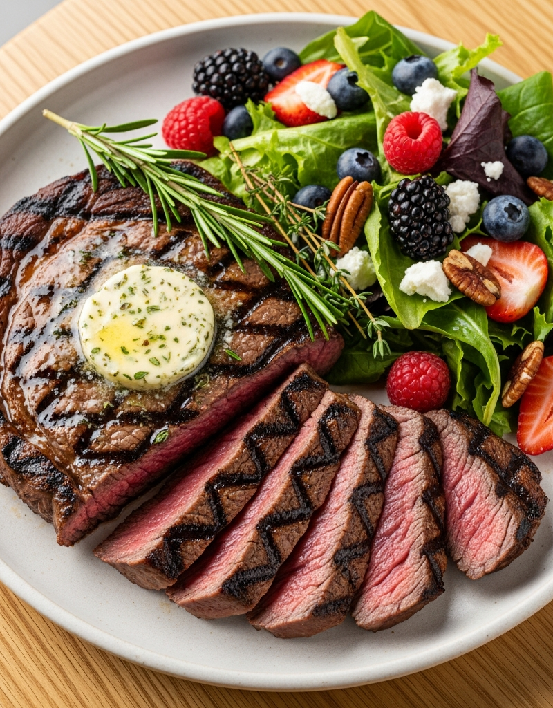 Grilled Ribeye with Herb Butter and Berry Salad