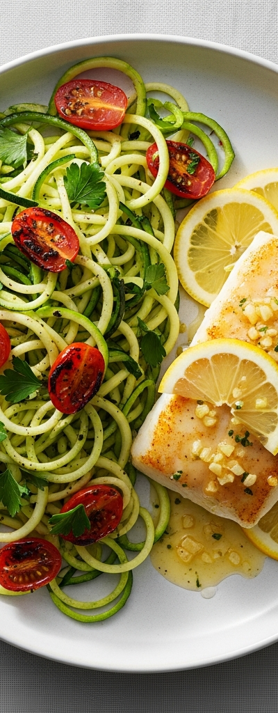 Zucchini Noodles with Garlic Lemon Cod