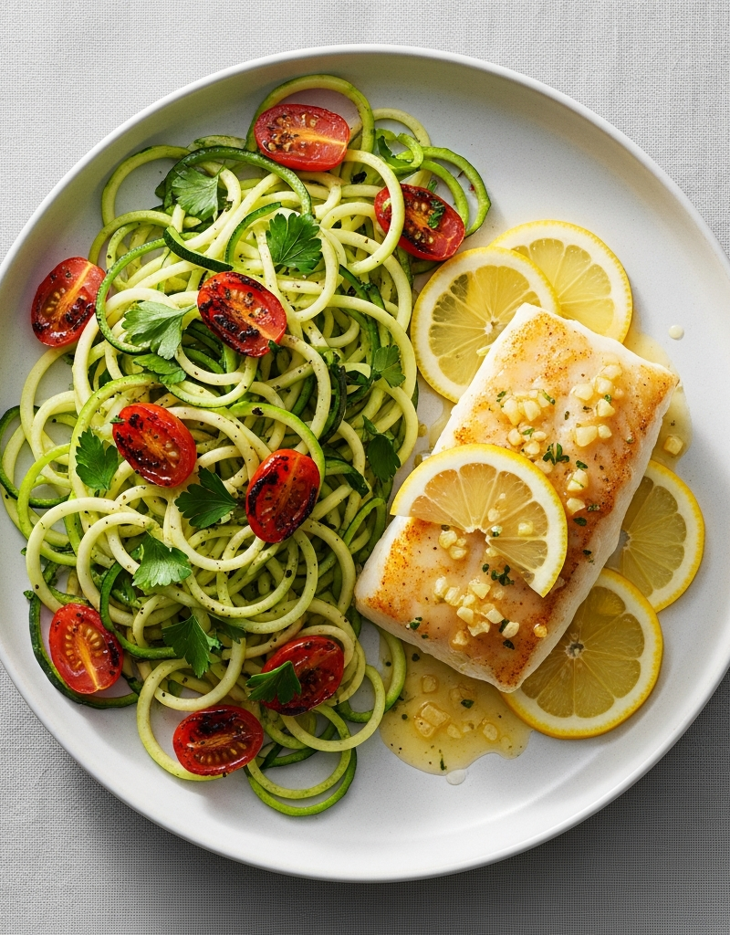 Zucchini Noodles with Garlic Lemon Cod