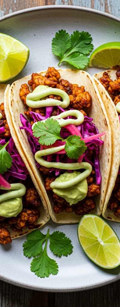 Spicy Tempeh Tacos with Avocado Crema