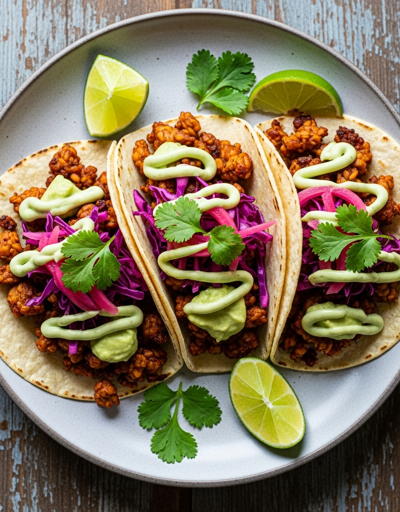Spicy Tempeh Tacos with Avocado Crema