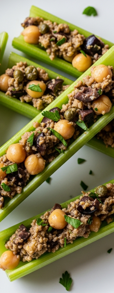 Stuffed Celery Sticks with Chickpea and Olive Tapenade