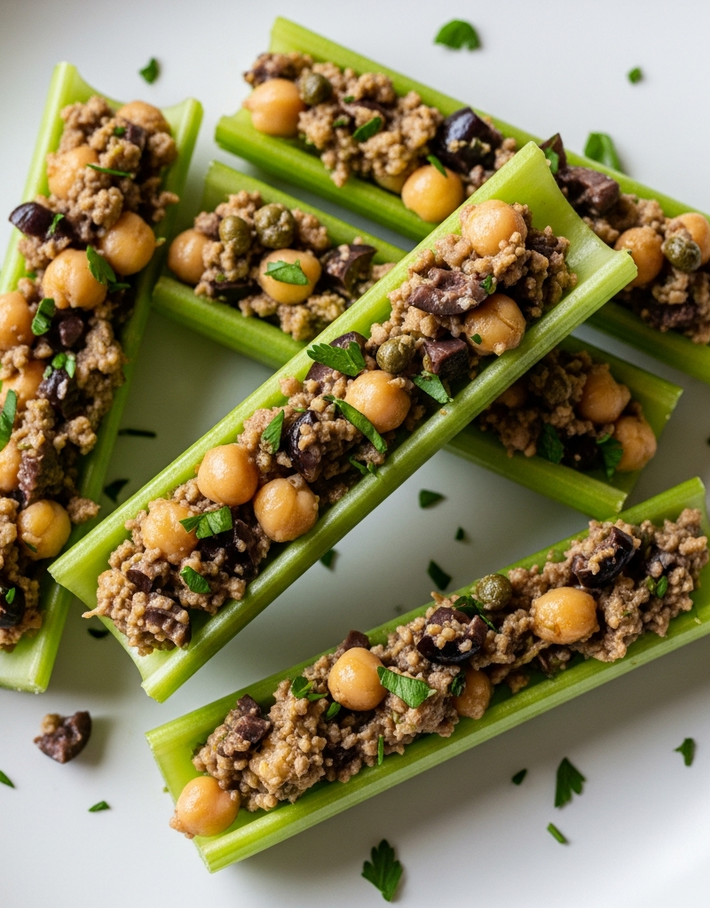 Stuffed Celery Sticks with Chickpea and Olive Tapenade