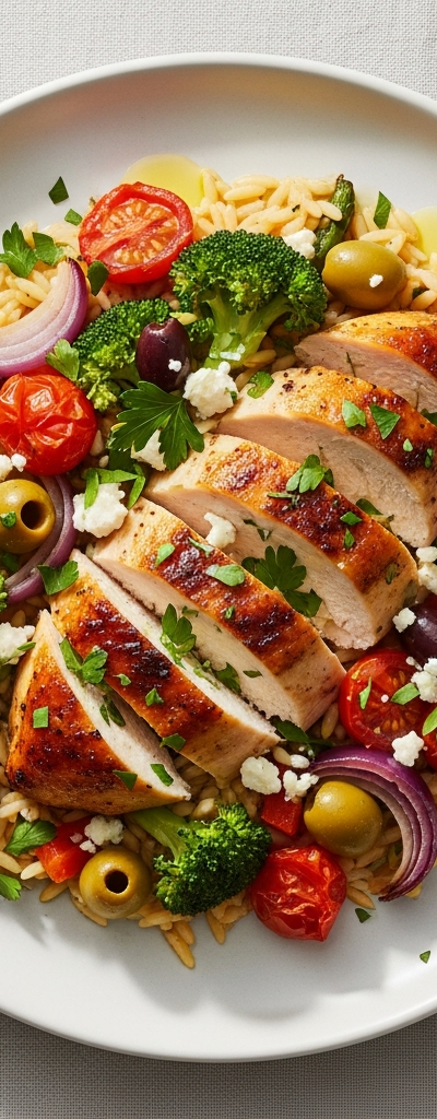Mediterranean Baked Chicken with Orzo and Vegetables