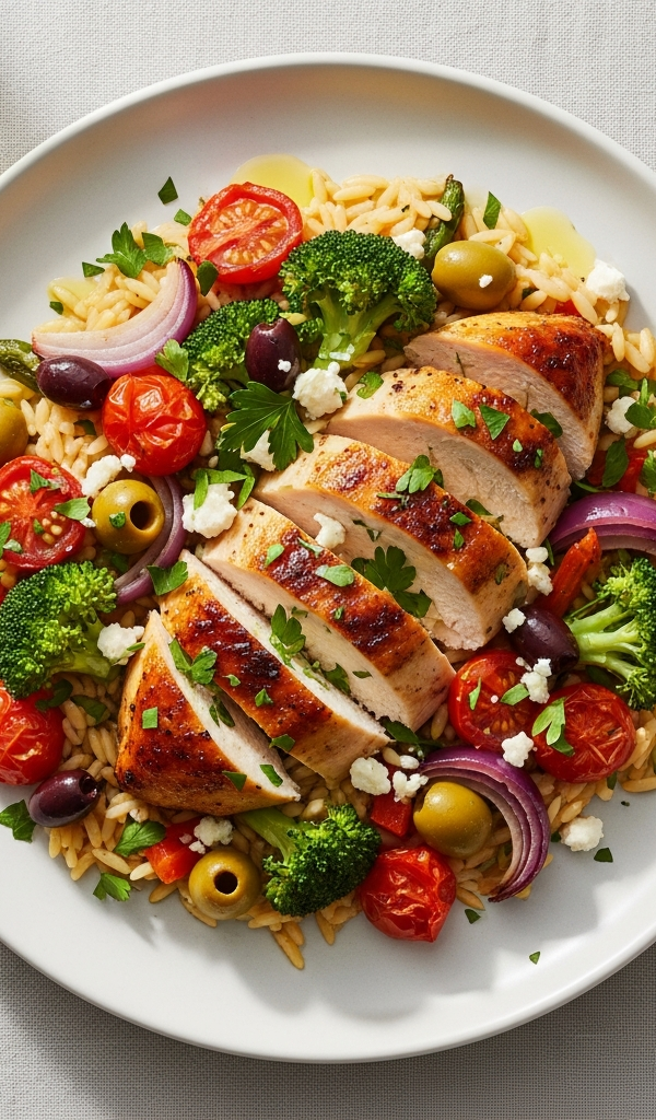 Mediterranean Baked Chicken with Orzo and Vegetables