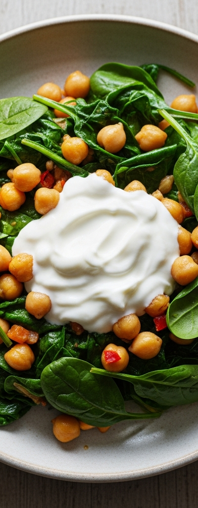 Chickpea and Spinach Stir-Fry with Yogurt Sauce