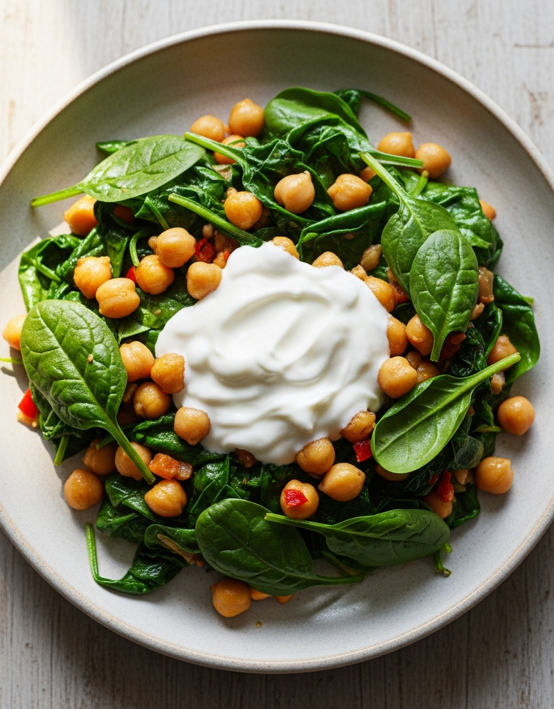 Chickpea and Spinach Stir-Fry with Yogurt Sauce