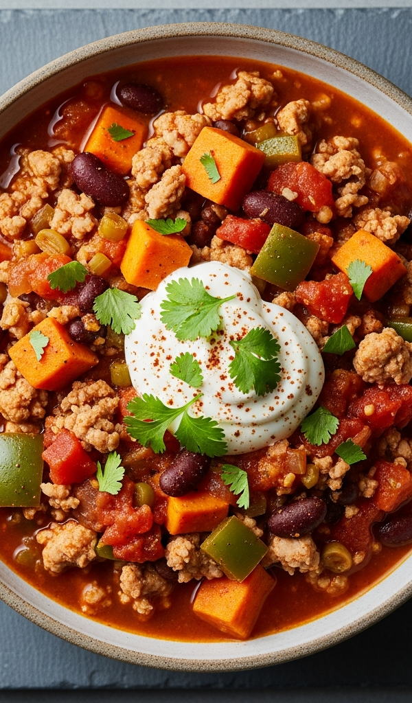 A bowl of sweet potato and turkey chilli