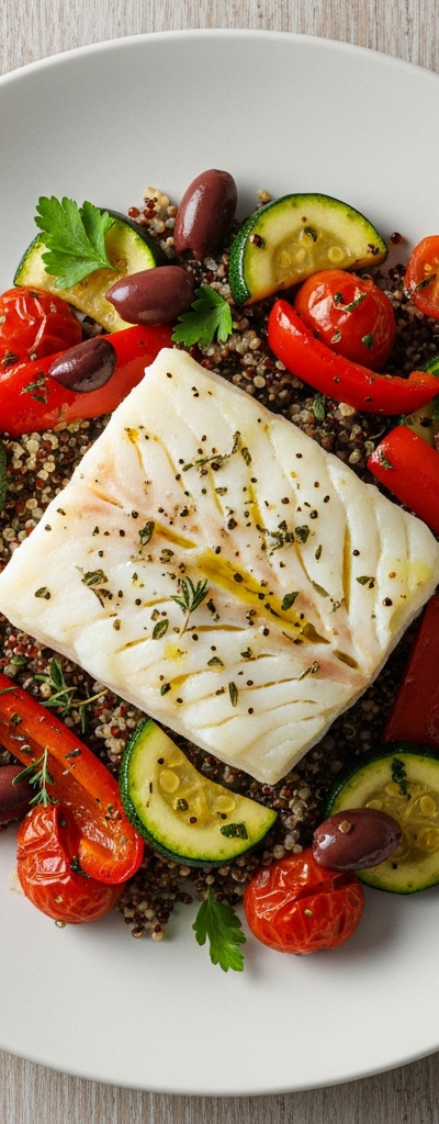 Mediterranean Cod with Vegetables and Quinoa