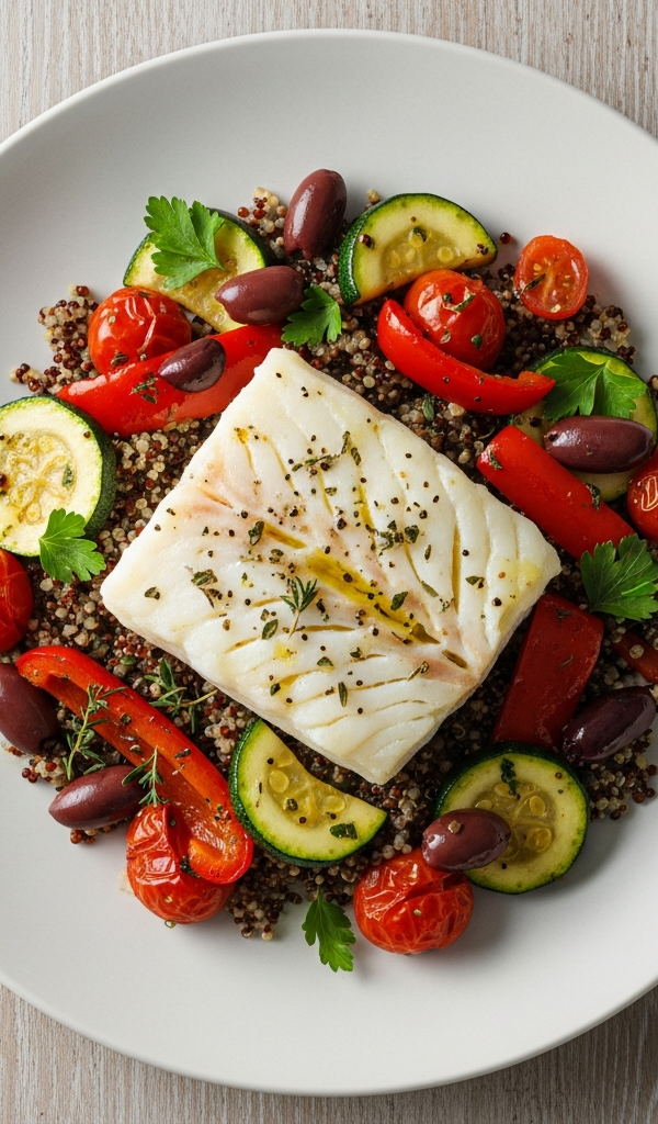 Mediterranean Cod with Vegetables and Quinoa