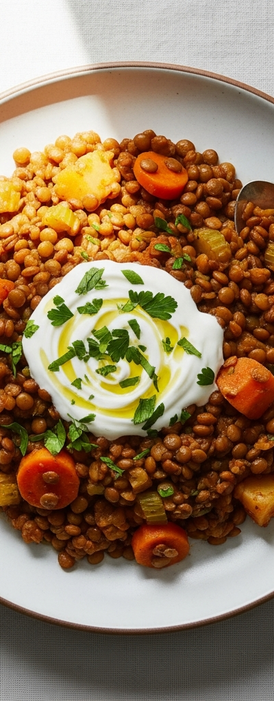 Slow-Cooked Lentil and Vegetable Stew with Yogurt
