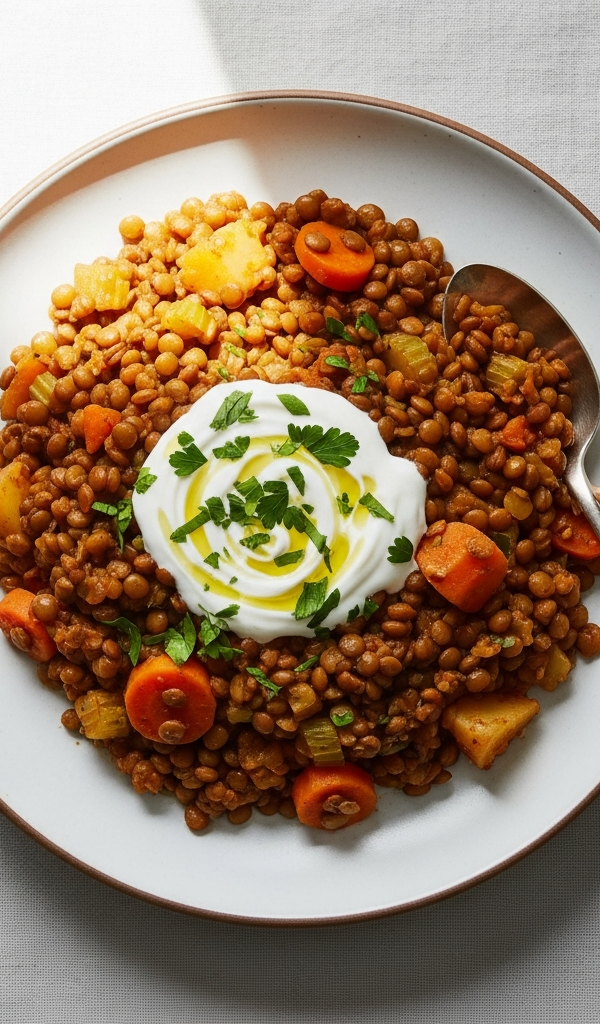 Slow-Cooked Lentil and Vegetable Stew with Yogurt