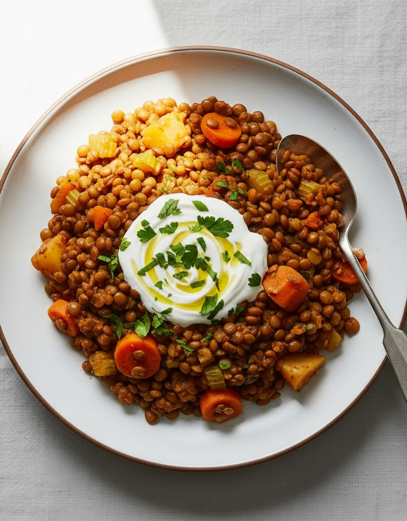 Slow-Cooked Lentil and Vegetable Stew with Yogurt