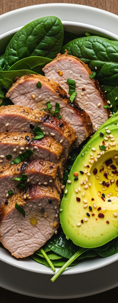 Keto Pork Loin Bowl with Avocado and Spinach