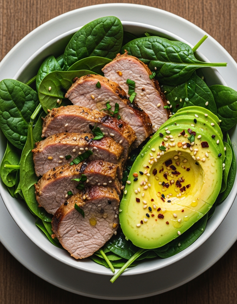 Keto Pork Loin Bowl with Avocado and Spinach