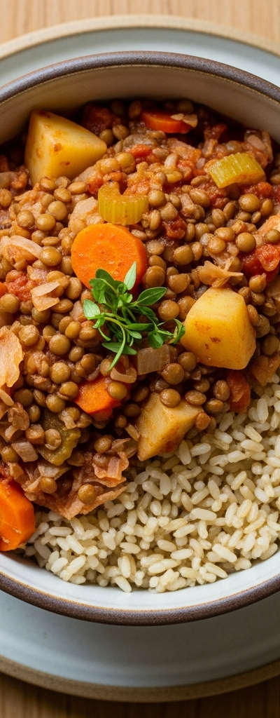 Hearty Lentil and Vegetable Stew with Brown Rice