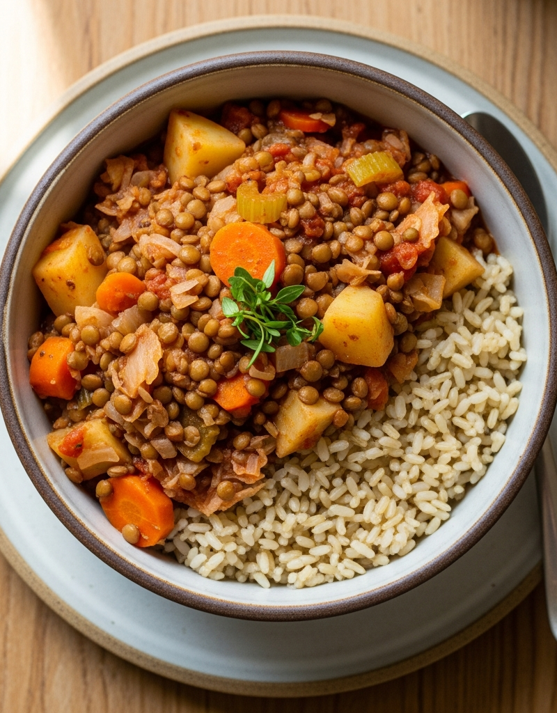 Hearty Lentil and Vegetable Stew with Brown Rice