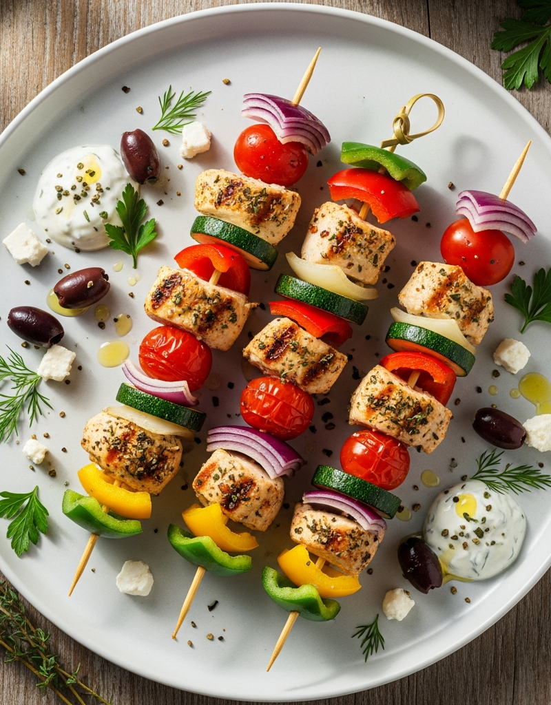 Mediterranean Chicken Skewers with Vegetable Bites