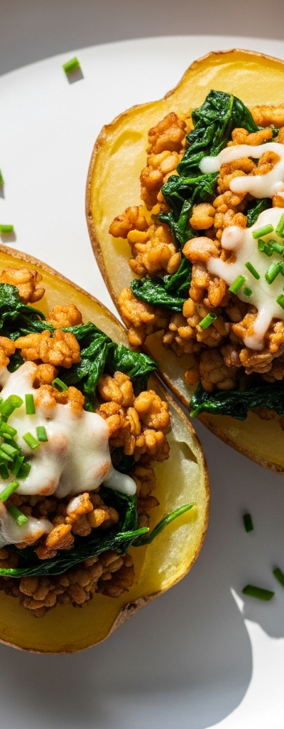 Twice-Baked Tempeh and Spinach Stuffed Potatoes