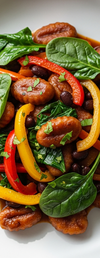 Black Bean Gnocchi Stir-Fry with Peppers and Spinach