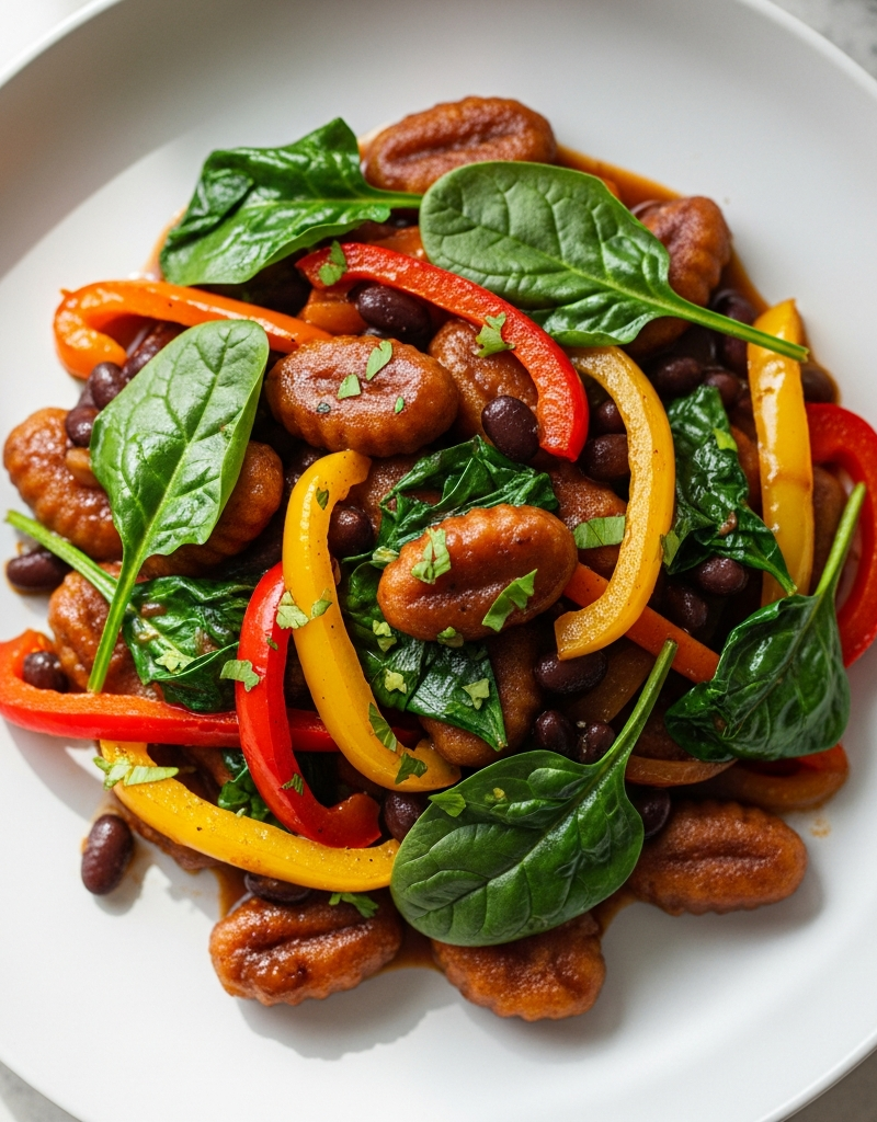 Black Bean Gnocchi Stir-Fry with Peppers and Spinach