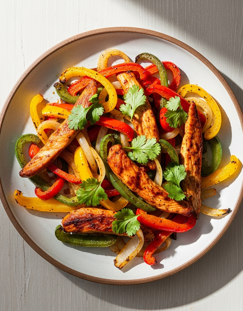 A sheet pan of chicken fajitas with peppers