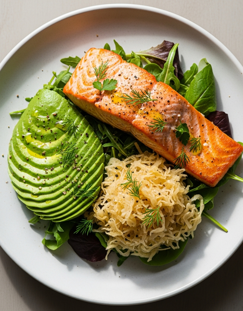 Keto Salmon with Avocado and Sauerkraut Salad