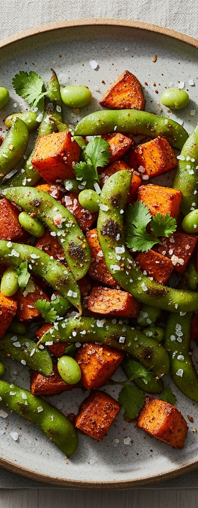 Spiced Roasted Edamame and Sweet Potato Chunks