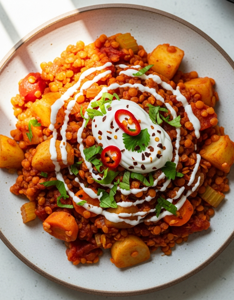Hearty Red Lentil and Potato Skillet