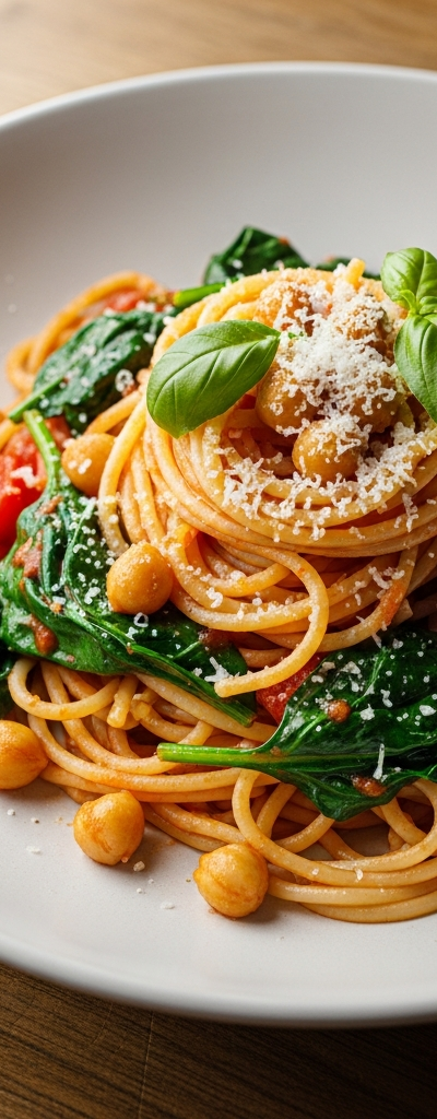 Vegetarian Spaghetti with Chickpeas and Spinach
