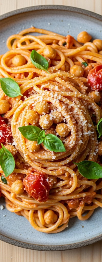 Creamy Tomato and Chickpea Spaghetti