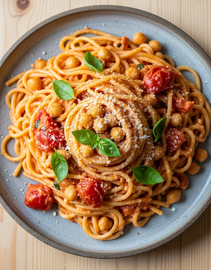 Creamy Tomato and Chickpea Spaghetti