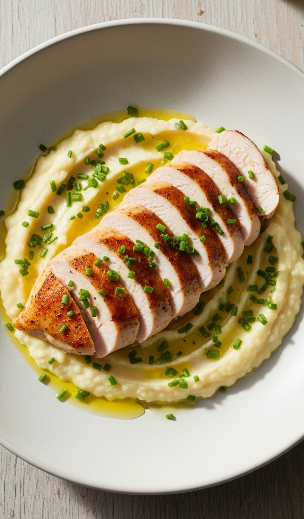 A bowl of chicken with cauliflower mash and greens