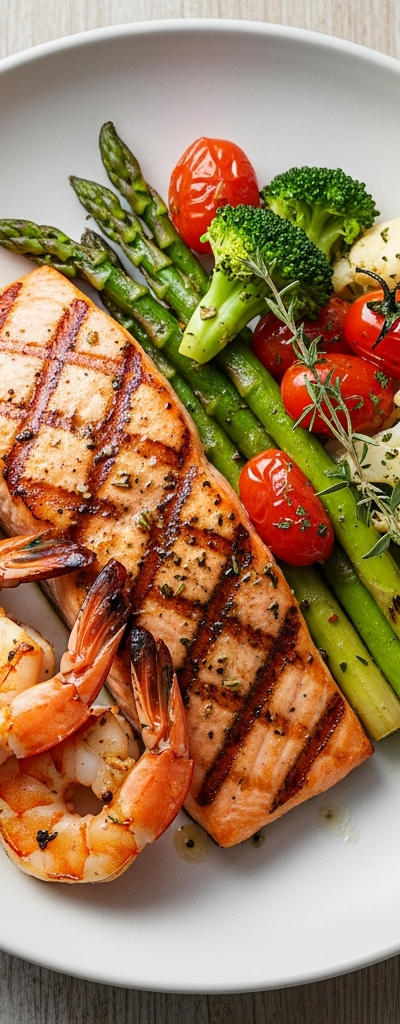 Grilled Salmon with Shrimp and Vegetables