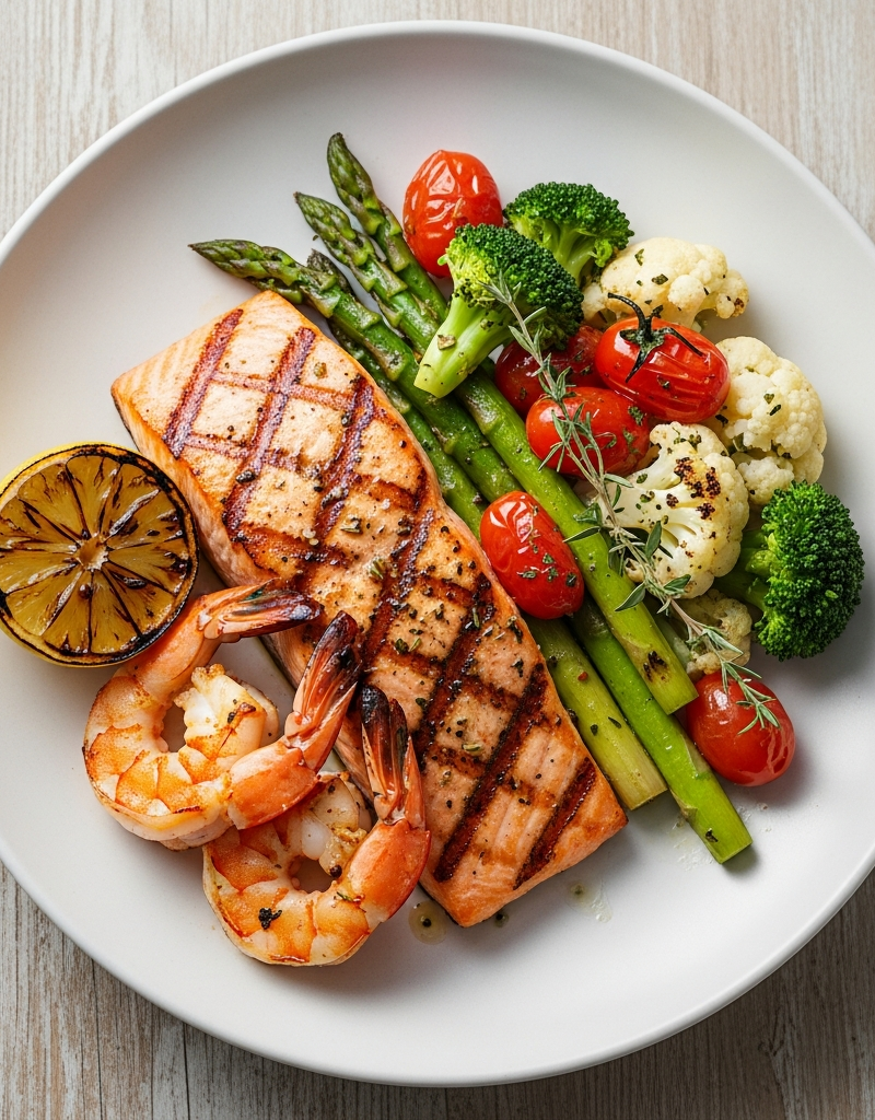 Grilled Salmon with Shrimp and Vegetables