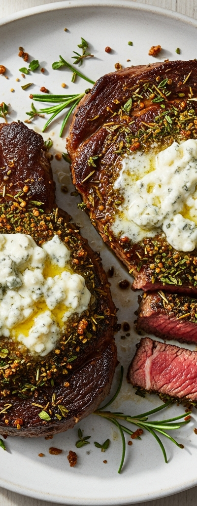 Herb-Crusted Ribeye Steaks with Blue Cheese Butter