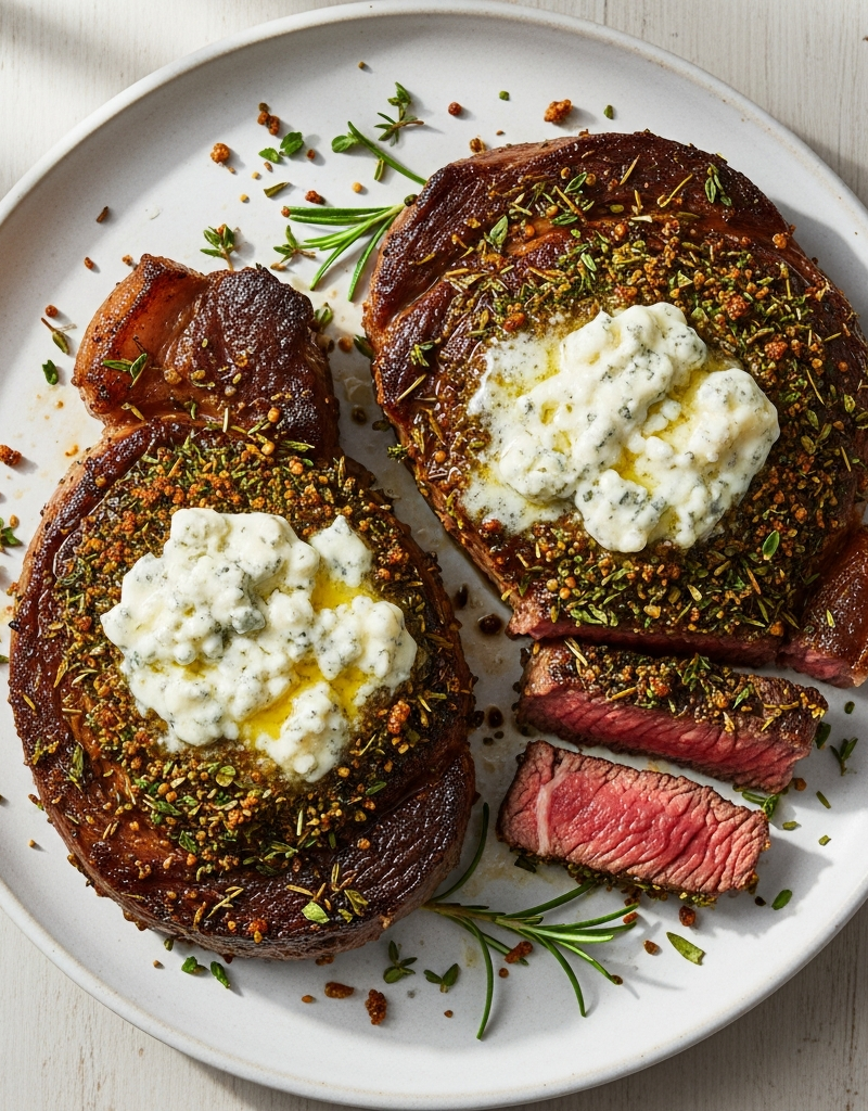 Herb-Crusted Ribeye Steaks with Blue Cheese Butter