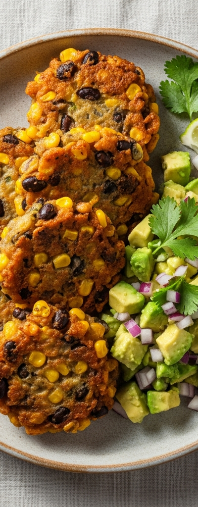 Black Bean and Corn Fritters with Avocado Salsa